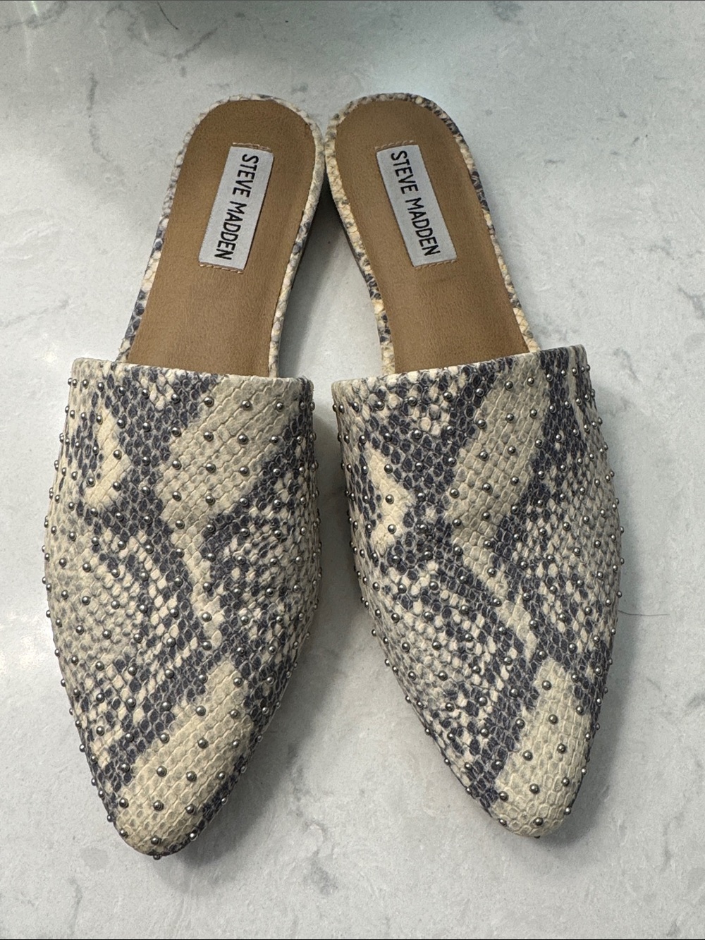 Steve Madden Studded Snake-Print Slip-On Mules in Cream & Gray